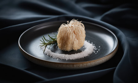 Lion mane mushroom, a gourmet culinary ingredient, presented elegantly on a dark plate with fresh rosemary and coarse sea salt. emphasizes healthy eating and natural food.の素材
