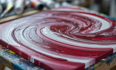 Abstract painting featuring dynamic swirls of crimson red and stark white acrylic paint on canvas, showcasing fluid art technique and vibrant texture.の素材