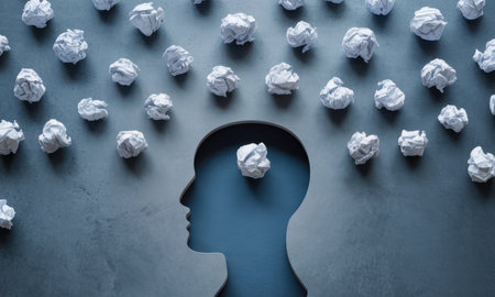 Human head silhouette in side profile surrounded by crumpled paper balls, representing brainstorming, new ideas, and mental processes. concept of creativity, problem solving, or failure.の素材