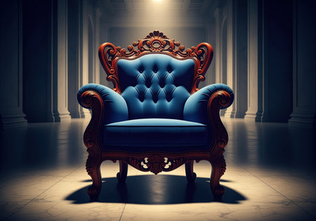 Luxurious blue velvet armchair with intricate carved dark wood frame, featuring tufted upholstery. positioned in a grand, dimly lit hall with columns, highlighted by a spotlight. represents elegance, royalty, and vintage luxury.の素材