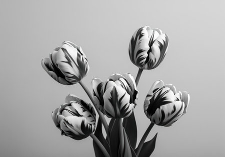 Five black and white striped parrot tulips arranged elegantly in a minimalist studio setting. striking monochrome contrast highlights the unique patterns and natural beauty of the flowers.の素材