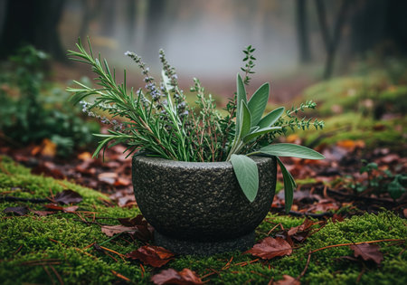 Rugged stone mortar holds a vibrant collection of fresh rosemary, sage, and other aromatic herbs, resting on lush green moss and scattered autumn leaves in a mystical forest setting.の素材