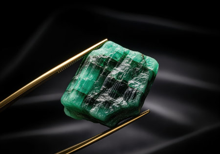 Rough, uncut emerald matrix with brilliant green color, held by slender gold tweezers against a dark, elegant background. symbolizes luxury, wealth, and natural beauty.の素材
