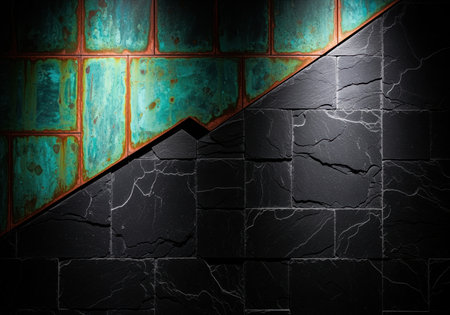 Abstract wall surface featuring a diagonal division between vibrant oxidized copper panels and dark, textured slate tiles with visible cracks. dramatic lighting highlights the contrasting materials and textures.の素材
