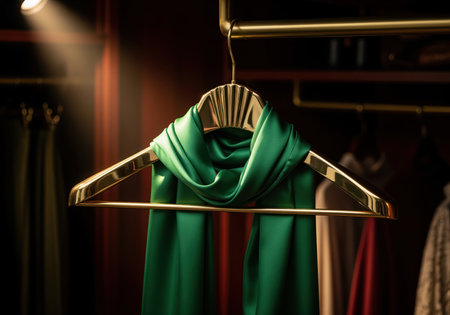 Gleaming polished brass coat hanger displaying a vibrant green silk scarf, illuminated by a dramatic spotlight in a dark, luxurious wardrobe setting. elegant fashion accessory.の素材