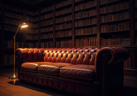 Distressed burgundy leather chesterfield sofa with tufted details, illuminated by a floor lamp in a dark, classic library filled with old books on wooden shelves. evokes a sense of history, knowledge, and comfort.の素材