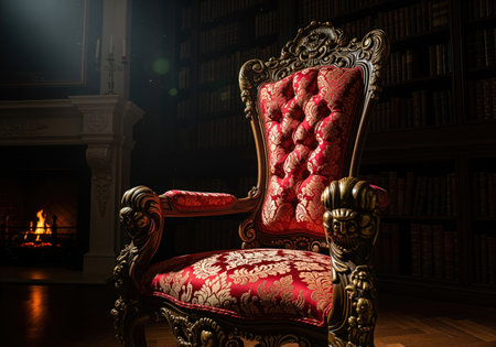 Ornate baroque throne chair upholstered in rich red damask with gold patterns, set in a dimly lit luxurious room with a fireplace and bookshelves, evoking power and luxury.の素材