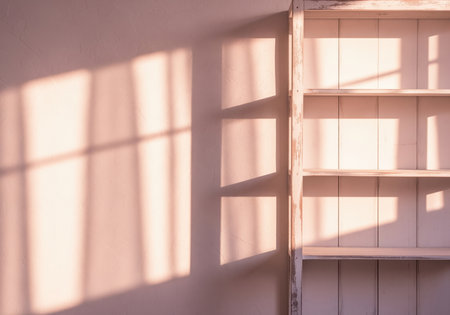 Empty wooden bookshelf stands against a warm wall, illuminated by soft morning light filtering through a window, casting geometric shadows. minimalist interior scene.の素材