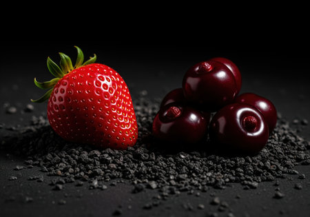 Fresh, ripe red strawberry and a cluster of dark, glossy cherries arranged on a textured black surface, highlighting natural colors and textures.の素材