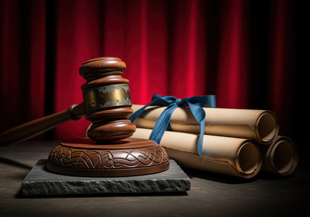 Wooden gavel resting on a stone base next to rolled documents tied with a blue ribbon. represents legal authority, justice, and historical agreements.の素材