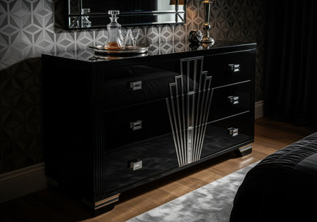 Black lacquered art deco chest of drawers with striking geometric silver accents and chrome handles in a luxurious bedroom interior. elegant furniture piece.の素材