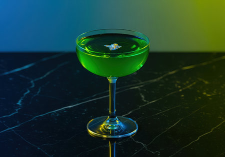 Emerald green absinthe cocktail in a vintage coupe glass, garnished with a delicate gold leaf, resting on a reflective black marble surface under dramatic lighting. elegant alcoholic beverage concept.の素材