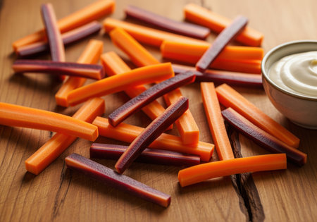 Vibrant orange and purple carrot sticks are scattered on a rustic wooden board next to a bowl of creamy white dip. a healthy, fresh vegetable snack or appetizer.の素材
