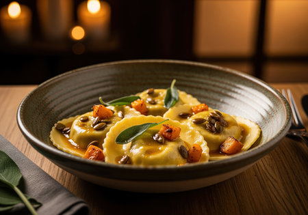 Butternut squash ravioli pasta, garnished with fresh sage leaves, roasted squash pieces, and pumpkin seeds, served in a rustic bowl on a wooden table, with warm ambient lighting.の素材