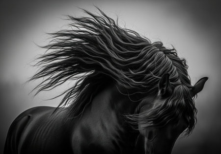 Close up of a powerful friesian horse in black and white, featuring its long, voluminous mane dramatically flowing in motion against a soft background.の素材