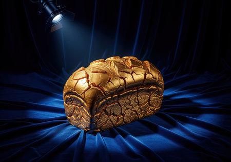 Golden loaf of bread with a cracked, metallic texture, resting on rich blue velvet fabric. illuminated by a bright spotlight, symbolizing value, wealth, and preciousness.の素材