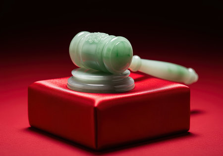 Intricately carved jade gavel resting on a vibrant red velvet block. symbolizes law, justice, authority, and legal decisions in a luxurious setting.の素材