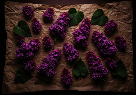 Vibrant purple lilac flowers and green leaves scattered on crumpled brown paper, captured with dark and dramatic lighting from a top view.の素材