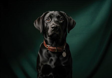 Black labrador puppy sitting calmly, looking directly into the camera with a thoughtful expression. features a brown leather collar with a silver tag, against a dark green studio background.の素材