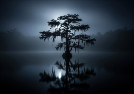 Ancient cypress tree stands alone in a still, dark swamp, shrouded in dense fog under a moonlit sky. its silhouette reflects on the calm water, creating a mysterious and dramatic nocturnal scene.の素材