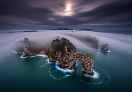 Majestic natural rock arch and rugged sea cliffs emerge from a mystical, flowing fog at dusk. long exposure captures the serene ocean waves and dramatic sky, creating an ethereal coastal landscape.の素材