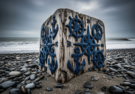 Weathered wooden block featuring intricate blue nautical symbols like anchors, ship wheels, and a compass rose, resting on a pebble beach with the ocean and a cloudy sky in the background. represents navigation and maritime adventure.の素材