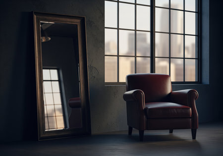 Large rectangular mirror leaning against a dark wall next to a red leather armchair in an urban loft. a grid window overlooks a city skyline at dusk, creating a moody atmosphere.の素材