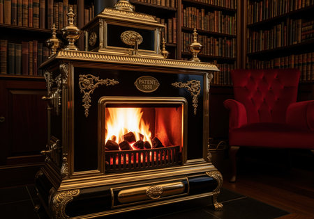 Ornate antique victorian coal stove with polished brass and black enamel, featuring a burning fire. a red velvet armchair and bookshelves fill a luxurious library.の素材