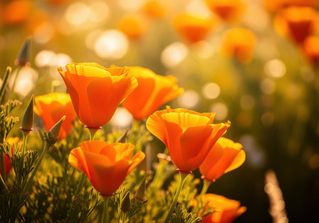 Vibrant orange california poppies blooming in a sun drenched field during golden hour, creating a warm and inviting natural landscape. soft bokeh lights enhance the serene atmosphere.の素材