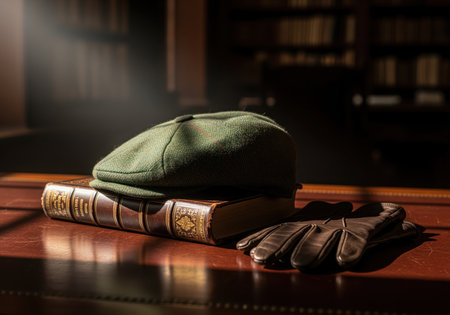 Green tweed flat cap and brown leather gloves resting on a classic leather bound book on a polished wooden desk, illuminated by a ray of light in a vintage study.の素材