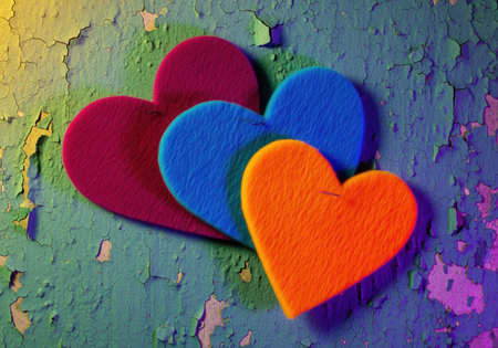 Three vibrant felt hearts in magenta, blue, and orange overlapping on a distressed, peeling green wall with colorful lighting. symbolizing love, emotion, and connection.の素材