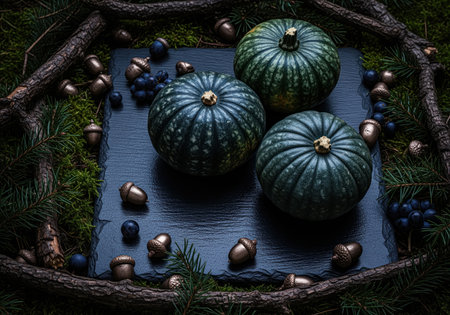 Three dark green pumpkins arranged on a textured black slate, framed by moss, pine branches, acorns, and dark berries. evokes a moody late autumn forest floor scene.の素材
