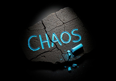 Word chaos carved into a dark, cracked stone slab, illuminated with a vibrant blue light. a broken piece of blue chalk lies beside it, symbolizing disorder and disruption.の素材