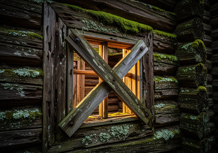 Ancient wooden structure with a heavily boarded up window, showing weathered timber logs covered in moss and lichen. warm light emanates from within, hinting at mystery and abandonment.の素材