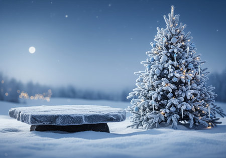 Snow dusted evergreen christmas tree adorned with blue and silver icicle ornaments and warm lights, standing beside a snow covered stone slab in a serene winter landscape under a moonlit sky.の素材