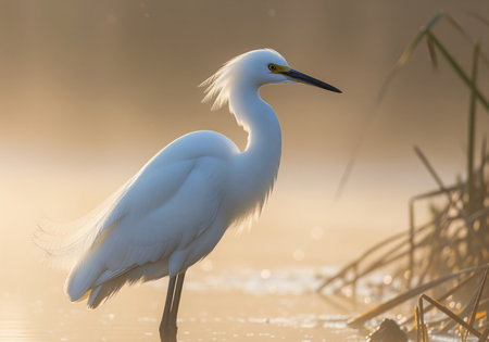 Snowy egret with elegant white feathers standing in shallow water during a misty sunrise. its long neck and yellow eye are prominent, reflecting the serene wetland environment.の素材