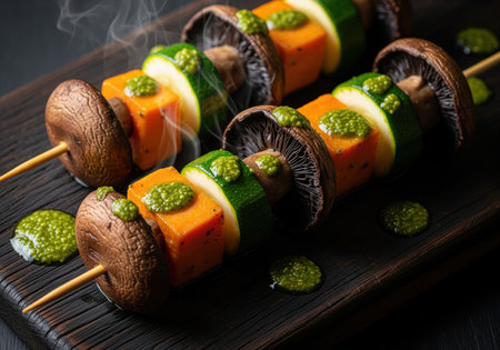 Colorful vegan vegetable skewers featuring grilled sweet potato, zucchini, and portobello mushrooms, generously topped with vibrant green pesto sauce, served on a dark wooden board.の素材