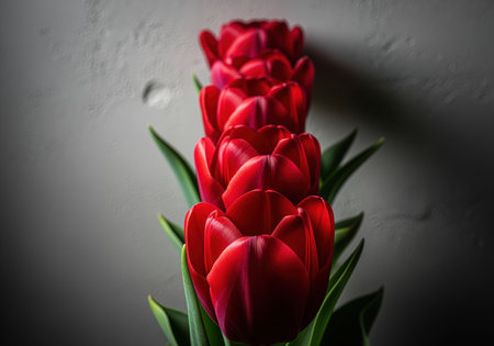 Deep crimson red tulips arranged in a striking vertical line, showcasing vibrant petals and green leaves. minimalist grey background provides elegant contrast. symbolizes spring, beauty, and love.の素材