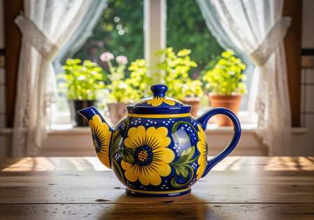 Vibrant ceramic teapot with a bold blue and sunny yellow sunflower pattern sits on a rustic wooden table. a bright window with lace curtains and potted plants is in the background, creating a cozy, inviting atmosphere.の素材