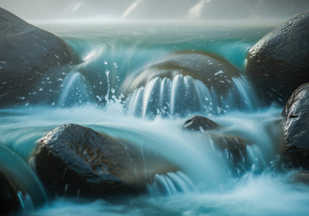 Gentle cascade of clear blue water tumbling over smooth, dark river rocks, creating a delicate, ethereal spray and soft motion blur effect.の素材