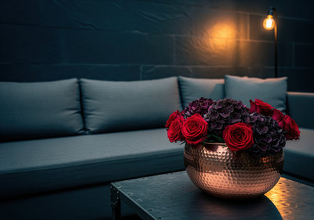 Red roses and dark hydrangeas arranged in a hammered gold bowl on a metal coffee table. a gray sectional sofa is in the background, illuminated by a warm lamp, creating a cozy and luxurious atmosphere.の素材