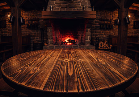 Empty circular wooden table with a rustic texture in a dimly lit medieval tavern. a warm fire burns in the stone fireplace, creating a cozy and inviting atmosphere. ideal for historical, fantasy, or traditional themes.の素材