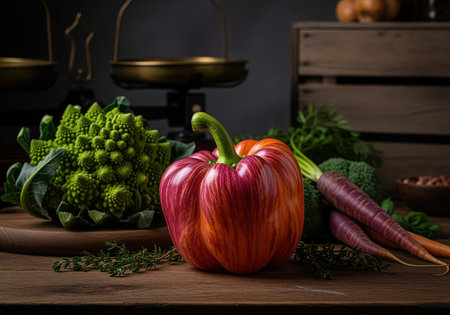 Vibrant striped bell pepper, romanesco broccoli, and purple carrots arranged on a rustic wooden surface. fresh, organic vegetables with a moody, artistic lighting setup.の素材