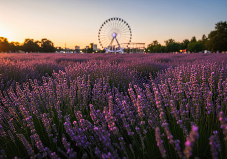 A breathtaking wide angle view of a vast purple lavender field blooming under a golden sunset sky, with a ferris wheel visible in the distance. ideal for themes of nature, travel, and tranquility.の素材