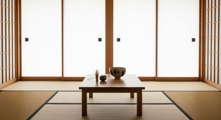 Traditional japanese tea room interior with tatami floor, shoji screen walls, a low wooden table, and tea ceremony utensils, evoking tranquility and cultural heritage.の素材