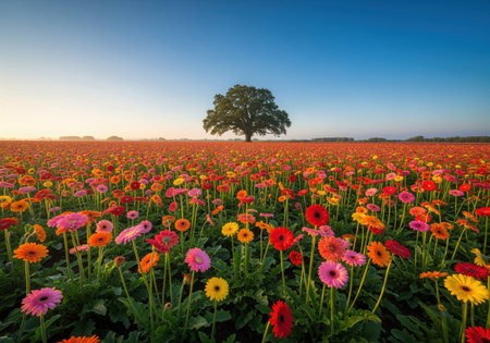 A vast field of colorful gerbera daisies in full bloom stretches towards a lone tree under a clear blue sky, capturing the beauty of nature and tranquility.の素材