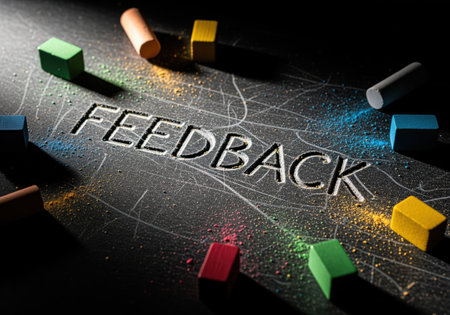 FEEDBACK word etched into a dark, textured chalkboard, surrounded by scattered vibrant chalk dust and colorful chalk pieces. highlights communication, review, and evaluation concepts.の素材