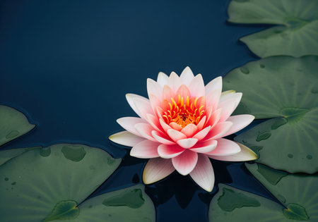 Pale coral pink lotus flower with vibrant orange center floating serenely on deep navy blue water, surrounded by green lily pads. symbolizes purity, beauty, and tranquility.の素材