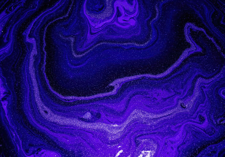 Abstract blue and violet liquid swirls with shimmering glitter particles, creating a dynamic, cosmic inspired texture. fluid art background.の素材