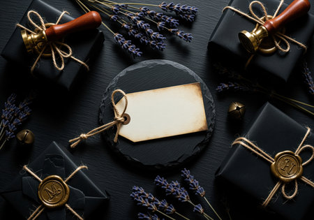 Black gift boxes adorned with golden wax seals and twine, surrounded by lavender sprigs and a blank vintage tag on a dark slate surface. ideal for luxury gifting, celebration, and mystery concepts.の素材
